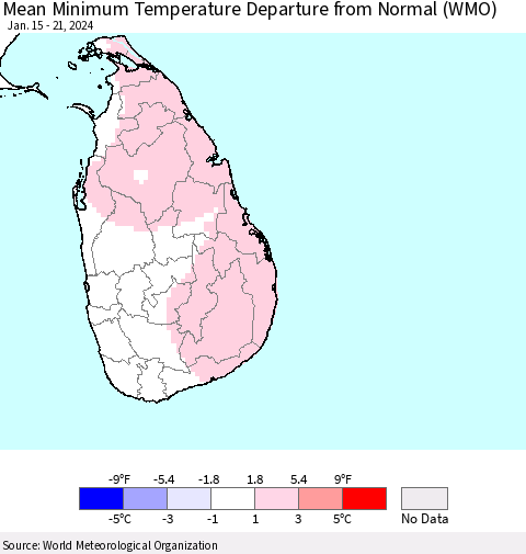 Sri Lanka Mean Minimum Temperature Departure from Normal (WMO) Thematic Map For 1/15/2024 - 1/21/2024
