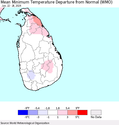 Sri Lanka Mean Minimum Temperature Departure from Normal (WMO) Thematic Map For 1/22/2024 - 1/28/2024