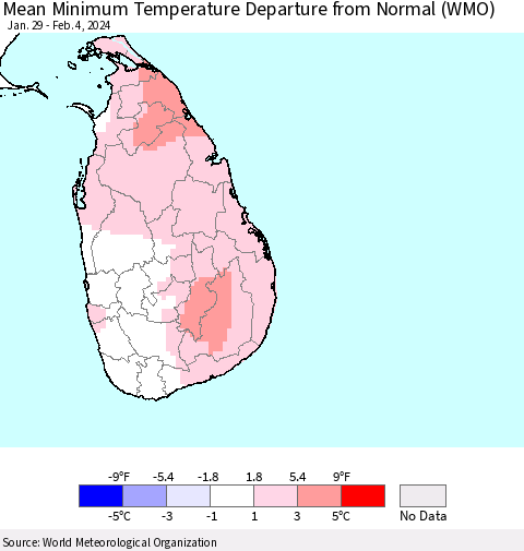Sri Lanka Mean Minimum Temperature Departure from Normal (WMO) Thematic Map For 1/29/2024 - 2/4/2024