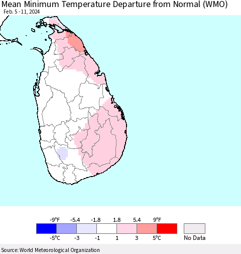 Sri Lanka Mean Minimum Temperature Departure from Normal (WMO) Thematic Map For 2/5/2024 - 2/11/2024