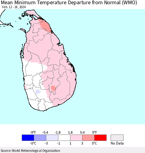 Sri Lanka Mean Minimum Temperature Departure from Normal (WMO) Thematic Map For 2/12/2024 - 2/18/2024