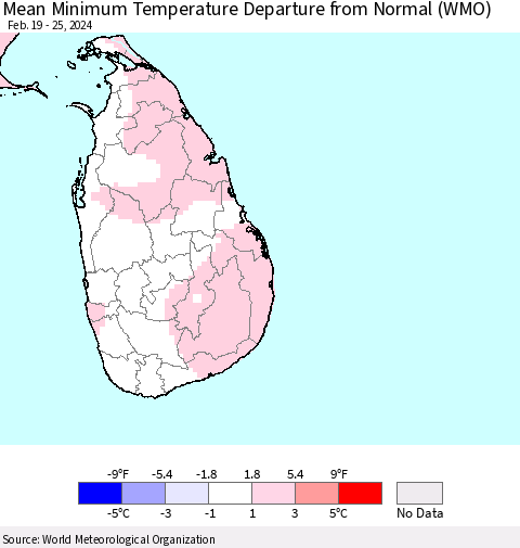 Sri Lanka Mean Minimum Temperature Departure from Normal (WMO) Thematic Map For 2/19/2024 - 2/25/2024