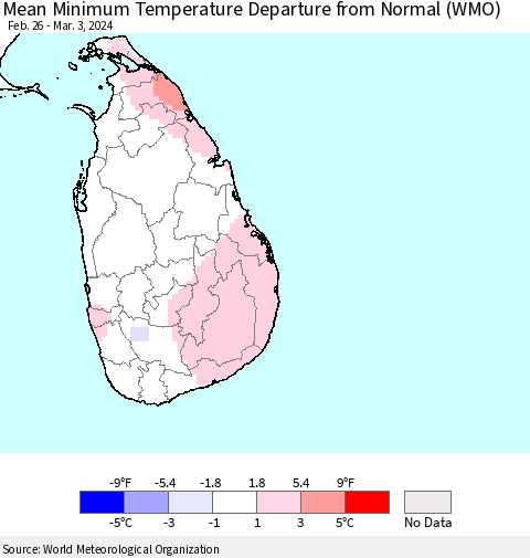 Sri Lanka Mean Minimum Temperature Departure from Normal (WMO) Thematic Map For 2/26/2024 - 3/3/2024