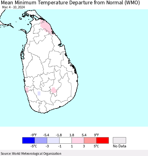 Sri Lanka Mean Minimum Temperature Departure from Normal (WMO) Thematic Map For 3/4/2024 - 3/10/2024