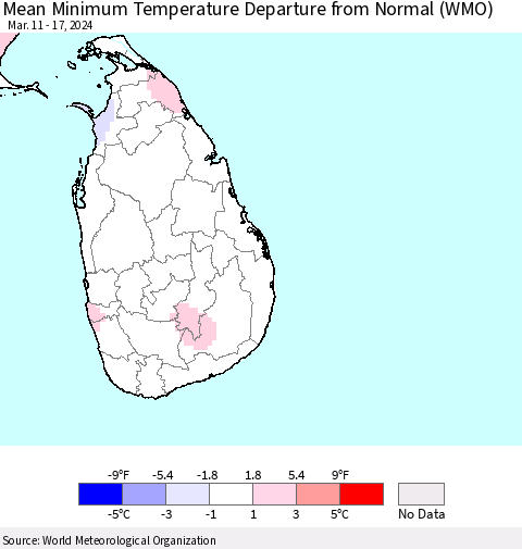 Sri Lanka Mean Minimum Temperature Departure from Normal (WMO) Thematic Map For 3/11/2024 - 3/17/2024