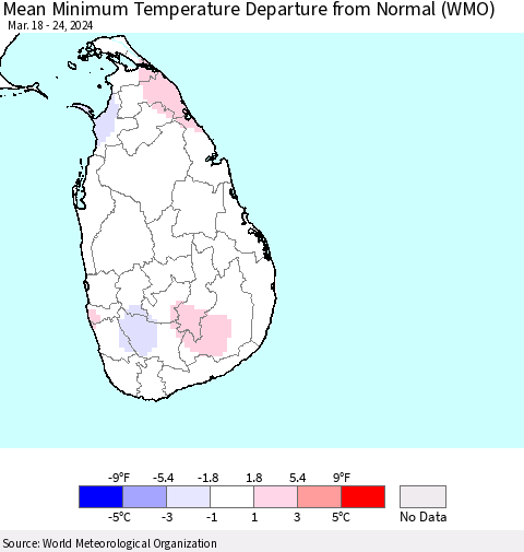 Sri Lanka Mean Minimum Temperature Departure from Normal (WMO) Thematic Map For 3/18/2024 - 3/24/2024