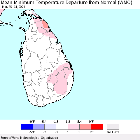 Sri Lanka Mean Minimum Temperature Departure from Normal (WMO) Thematic Map For 3/25/2024 - 3/31/2024