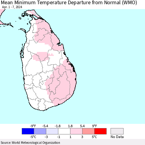 Sri Lanka Mean Minimum Temperature Departure from Normal (WMO) Thematic Map For 4/1/2024 - 4/7/2024