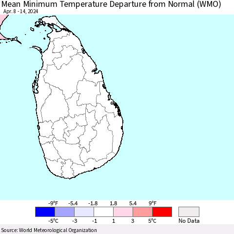 Sri Lanka Mean Minimum Temperature Departure from Normal (WMO) Thematic Map For 4/8/2024 - 4/14/2024