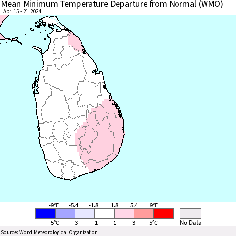 Sri Lanka Mean Minimum Temperature Departure from Normal (WMO) Thematic Map For 4/15/2024 - 4/21/2024