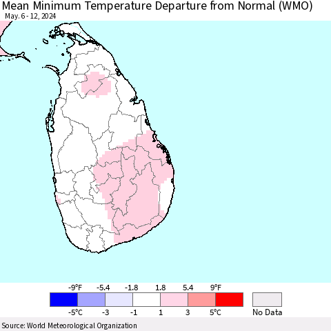 Sri Lanka Mean Minimum Temperature Departure from Normal (WMO) Thematic Map For 5/6/2024 - 5/12/2024