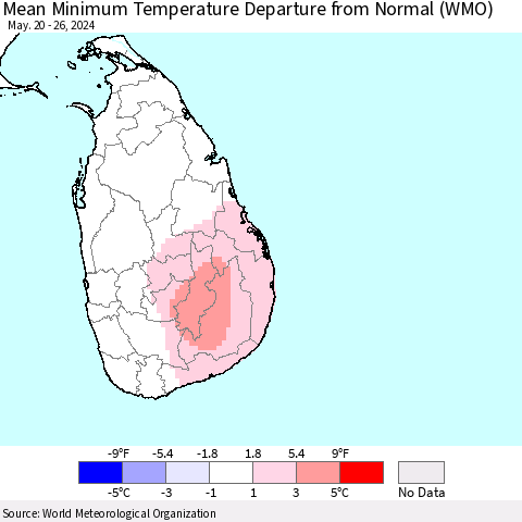 Sri Lanka Mean Minimum Temperature Departure from Normal (WMO) Thematic Map For 5/20/2024 - 5/26/2024