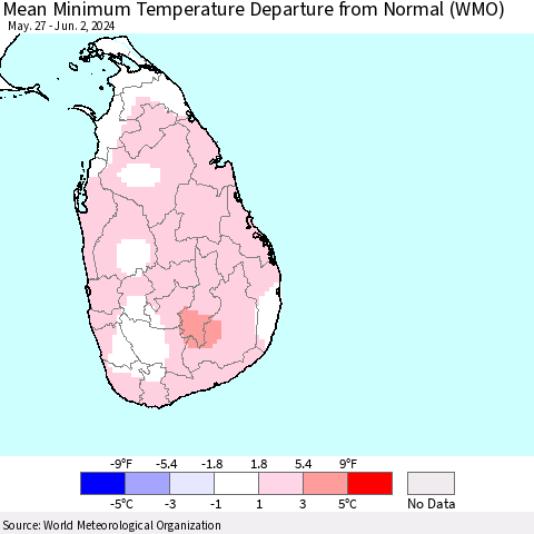 Sri Lanka Mean Minimum Temperature Departure from Normal (WMO) Thematic Map For 5/27/2024 - 6/2/2024