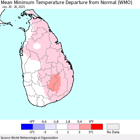 Sri Lanka Mean Minimum Temperature Departure from Normal (WMO) Thematic Map For 1/20/2025 - 1/26/2025