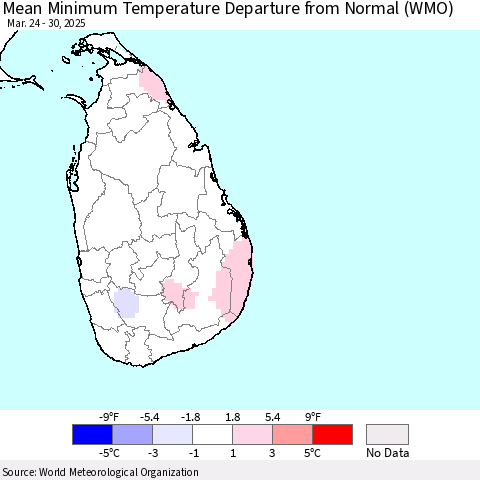 Sri Lanka Mean Minimum Temperature Departure from Normal (WMO) Thematic Map For 3/24/2025 - 3/30/2025