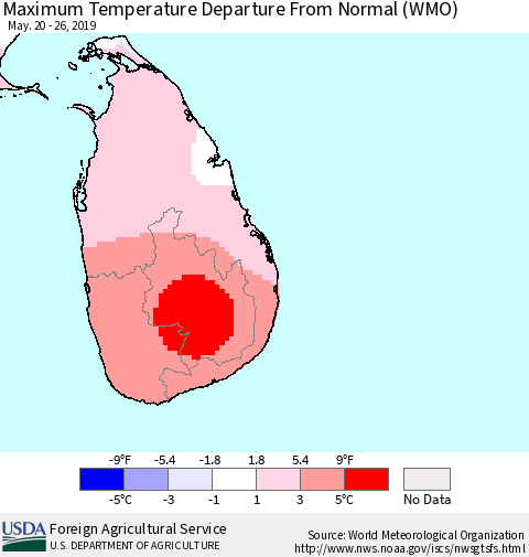 Sri Lanka Maximum Temperature Departure From Normal (WMO) Thematic Map For 5/20/2019 - 5/26/2019