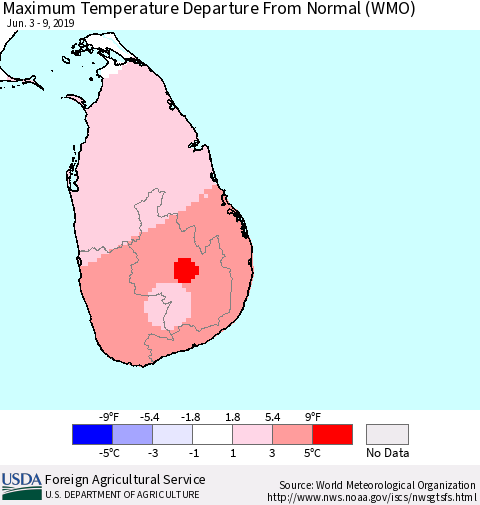 Sri Lanka Maximum Temperature Departure From Normal (WMO) Thematic Map For 6/3/2019 - 6/9/2019