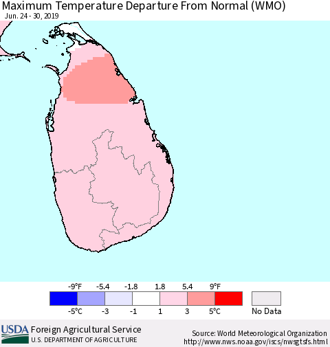 Sri Lanka Maximum Temperature Departure From Normal (WMO) Thematic Map For 6/24/2019 - 6/30/2019