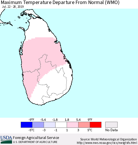 Sri Lanka Maximum Temperature Departure From Normal (WMO) Thematic Map For 7/22/2019 - 7/28/2019