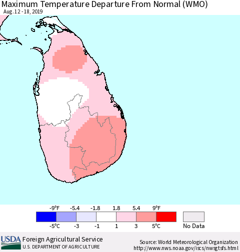 Sri Lanka Maximum Temperature Departure From Normal (WMO) Thematic Map For 8/12/2019 - 8/18/2019