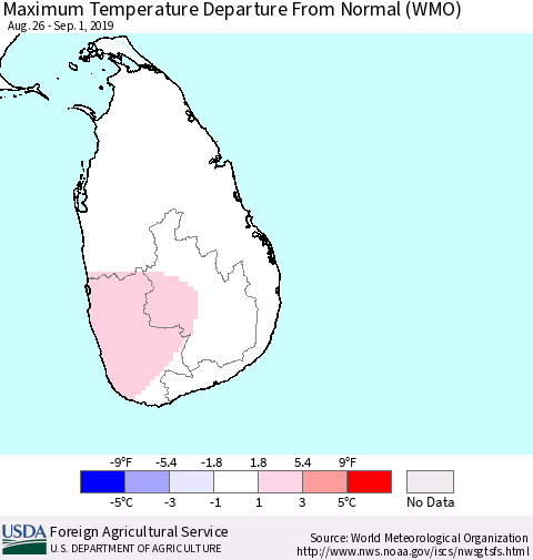 Sri Lanka Maximum Temperature Departure From Normal (WMO) Thematic Map For 8/26/2019 - 9/1/2019