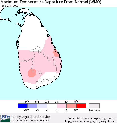 Sri Lanka Maximum Temperature Departure From Normal (WMO) Thematic Map For 9/2/2019 - 9/8/2019