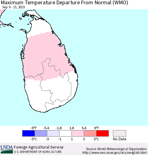 Sri Lanka Maximum Temperature Departure From Normal (WMO) Thematic Map For 9/9/2019 - 9/15/2019