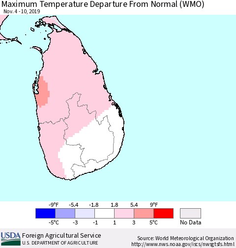 Sri Lanka Mean Maximum Temperature Departure from Normal (WMO) Thematic Map For 11/4/2019 - 11/10/2019