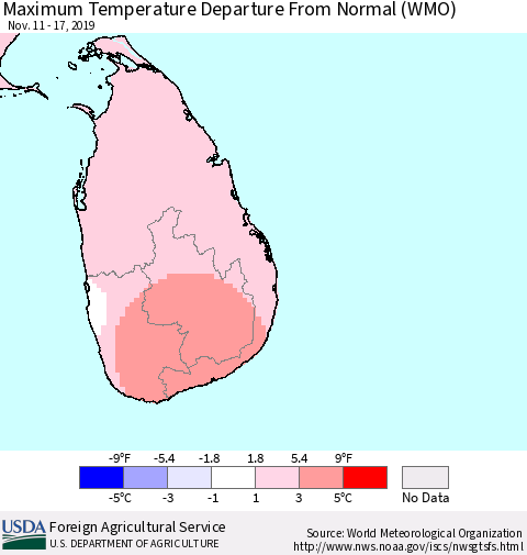 Sri Lanka Maximum Temperature Departure From Normal (WMO) Thematic Map For 11/11/2019 - 11/17/2019