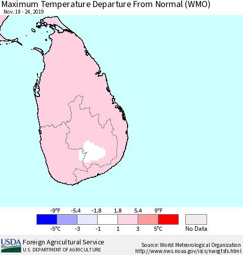 Sri Lanka Maximum Temperature Departure From Normal (WMO) Thematic Map For 11/18/2019 - 11/24/2019