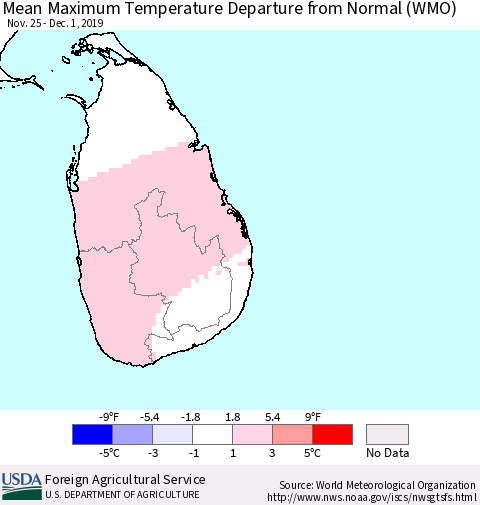 Sri Lanka Maximum Temperature Departure From Normal (WMO) Thematic Map For 11/25/2019 - 12/1/2019