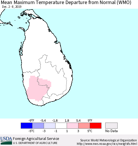 Sri Lanka Maximum Temperature Departure From Normal (WMO) Thematic Map For 12/2/2019 - 12/8/2019