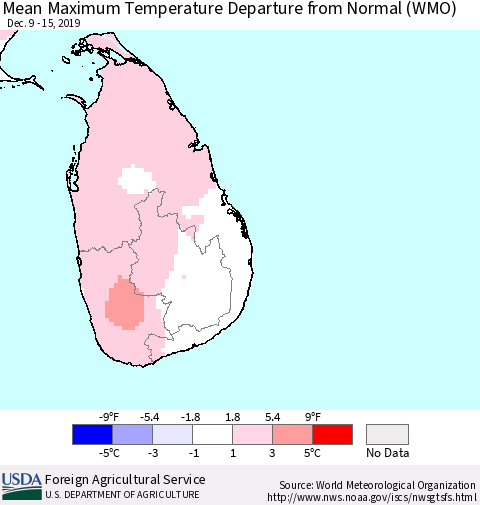 Sri Lanka Mean Maximum Temperature Departure from Normal (WMO) Thematic Map For 12/9/2019 - 12/15/2019