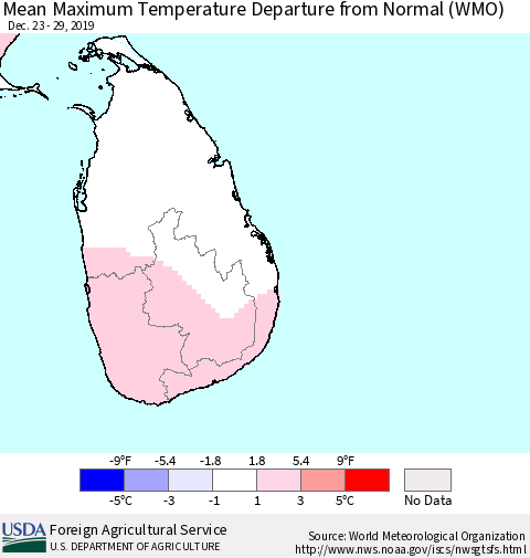 Sri Lanka Maximum Temperature Departure From Normal (WMO) Thematic Map For 12/23/2019 - 12/29/2019