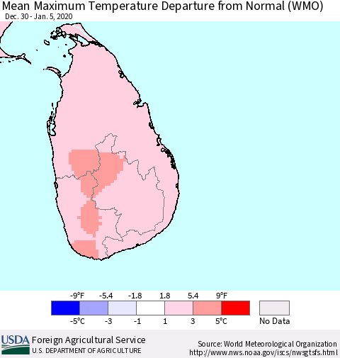 Sri Lanka Mean Maximum Temperature Departure from Normal (WMO) Thematic Map For 12/30/2019 - 1/5/2020