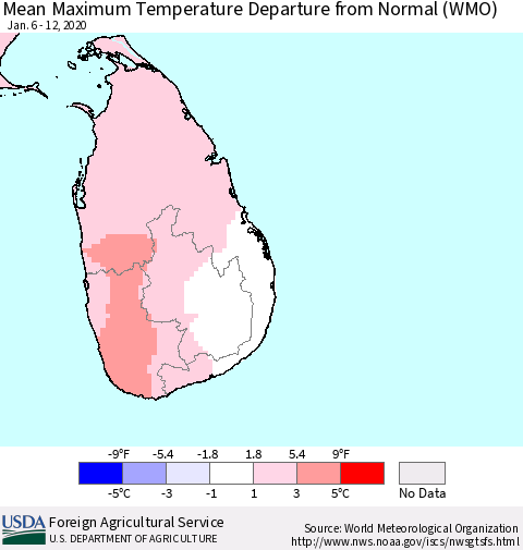 Sri Lanka Maximum Temperature Departure From Normal (WMO) Thematic Map For 1/6/2020 - 1/12/2020