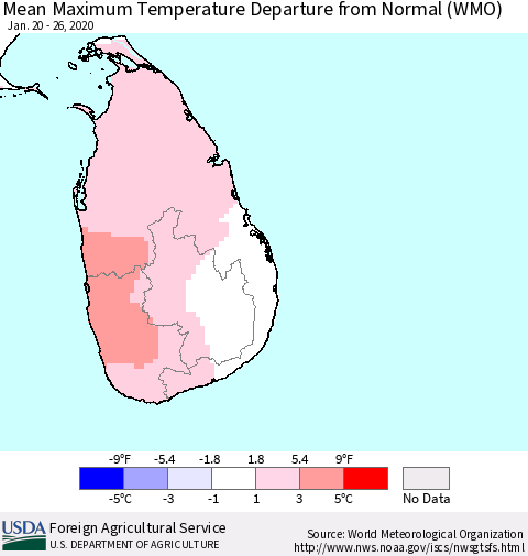 Sri Lanka Maximum Temperature Departure From Normal (WMO) Thematic Map For 1/20/2020 - 1/26/2020