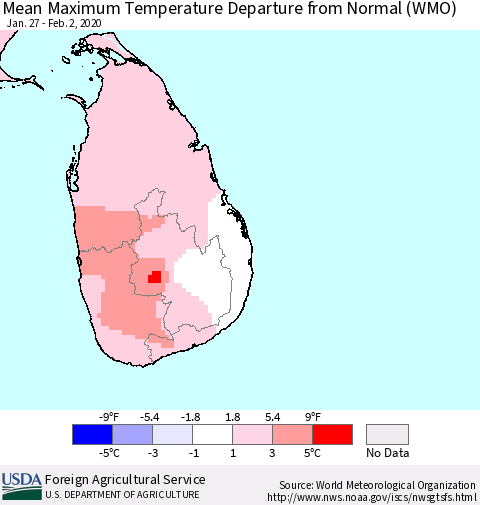 Sri Lanka Maximum Temperature Departure From Normal (WMO) Thematic Map For 1/27/2020 - 2/2/2020