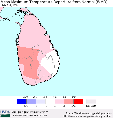 Sri Lanka Maximum Temperature Departure From Normal (WMO) Thematic Map For 2/3/2020 - 2/9/2020