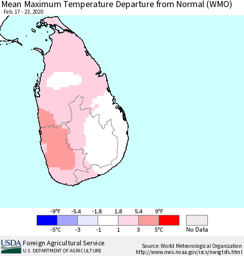Sri Lanka Maximum Temperature Departure From Normal (WMO) Thematic Map For 2/17/2020 - 2/23/2020