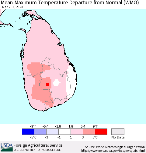 Sri Lanka Maximum Temperature Departure From Normal (WMO) Thematic Map For 3/2/2020 - 3/8/2020