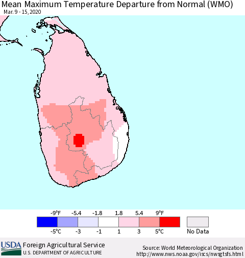 Sri Lanka Mean Maximum Temperature Departure from Normal (WMO) Thematic Map For 3/9/2020 - 3/15/2020