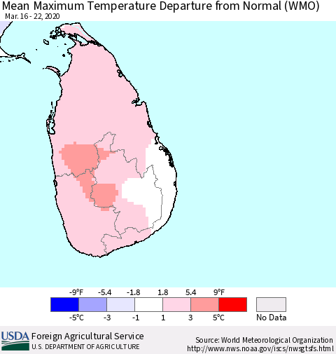 Sri Lanka Mean Maximum Temperature Departure from Normal (WMO) Thematic Map For 3/16/2020 - 3/22/2020