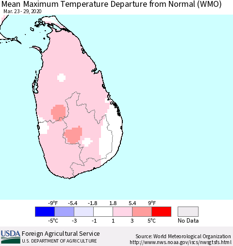 Sri Lanka Maximum Temperature Departure From Normal (WMO) Thematic Map For 3/23/2020 - 3/29/2020