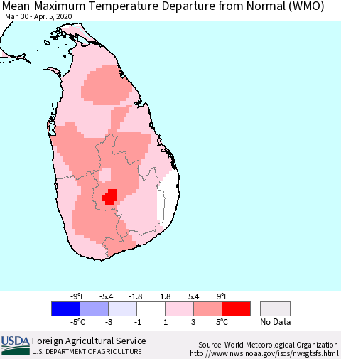 Sri Lanka Maximum Temperature Departure From Normal (WMO) Thematic Map For 3/30/2020 - 4/5/2020
