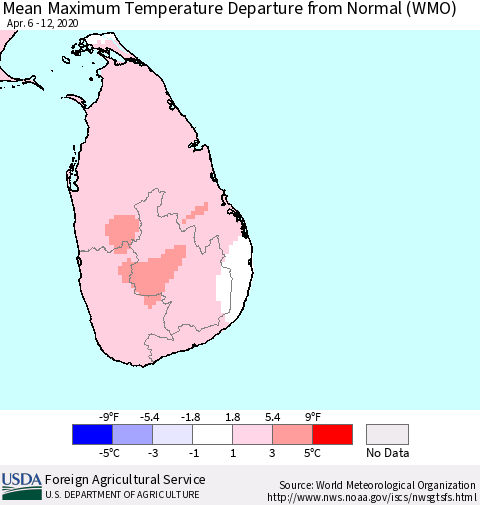 Sri Lanka Mean Maximum Temperature Departure from Normal (WMO) Thematic Map For 4/6/2020 - 4/12/2020