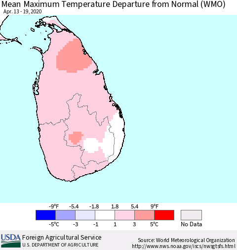 Sri Lanka Maximum Temperature Departure From Normal (WMO) Thematic Map For 4/13/2020 - 4/19/2020