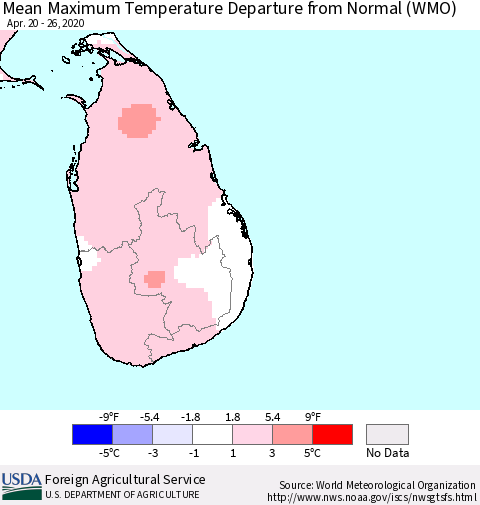 Sri Lanka Maximum Temperature Departure From Normal (WMO) Thematic Map For 4/20/2020 - 4/26/2020