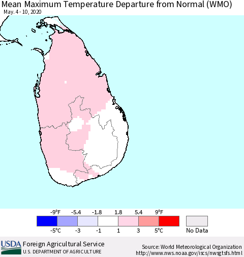 Sri Lanka Mean Maximum Temperature Departure from Normal (WMO) Thematic Map For 5/4/2020 - 5/10/2020