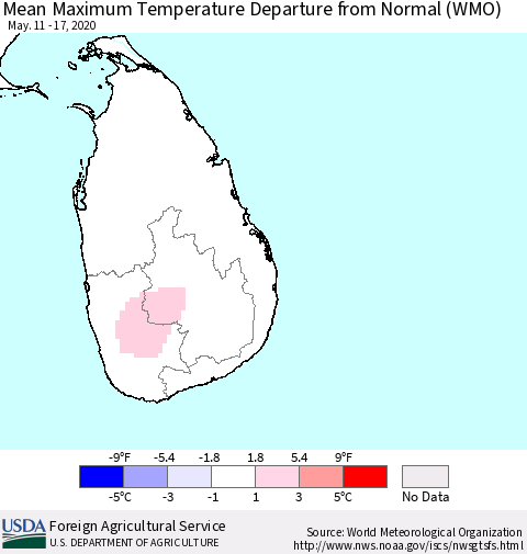 Sri Lanka Maximum Temperature Departure From Normal (WMO) Thematic Map For 5/11/2020 - 5/17/2020
